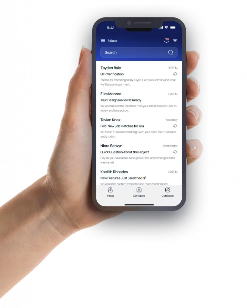 A hand holding a smartphone displaying the OptMsg app inbox